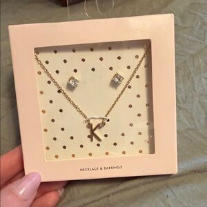Gold Initial K Necklace & Cubic Zirconia Stud Earring Set